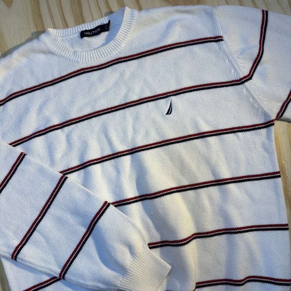 Nautica Mens Large White Striped Cotton Crewneck Sweater Navy Red Logo